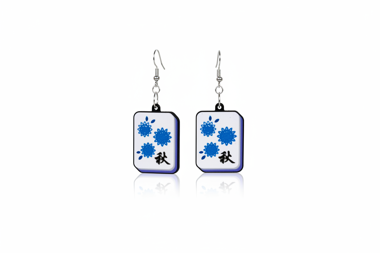Blue Chrysanthemum Mahjong Tile Earrings