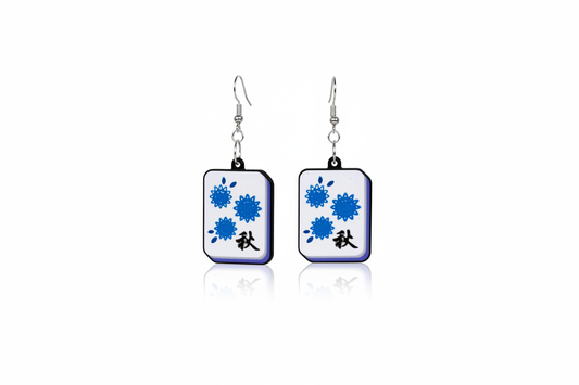 Blue Chrysanthemum Mahjong Tile Earrings