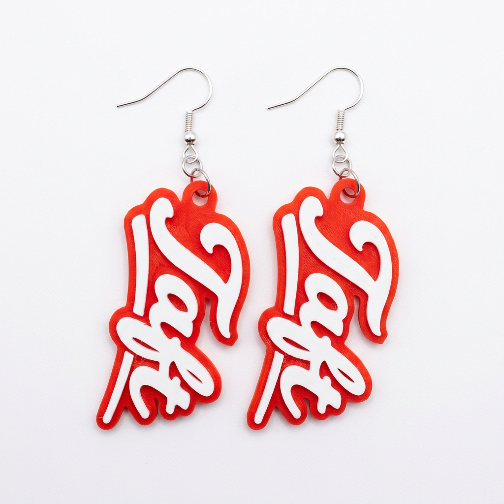 Taft red-and-white script earrings on a clean white background